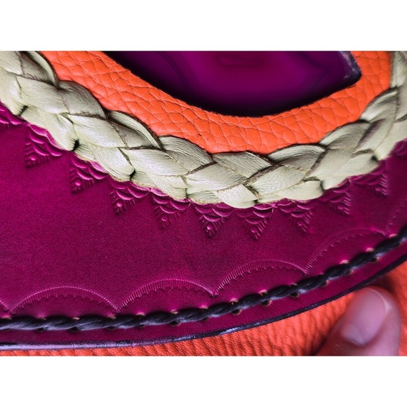 Handmade Leather Crossbody Bag Braided Strap Colorblock Pink Orange Green - Picture 16 of 16